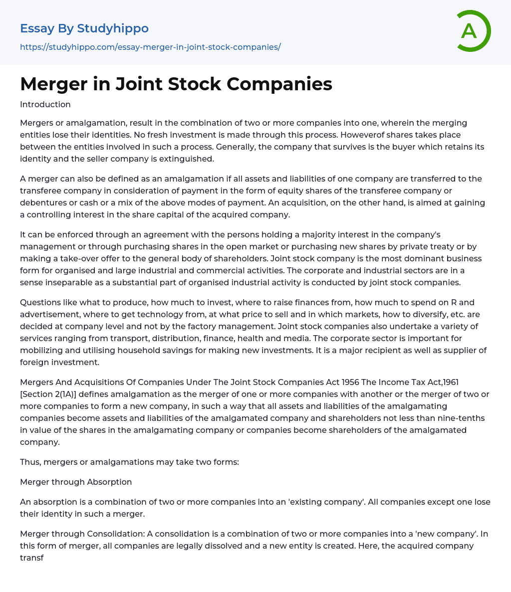 Merger in Joint Stock Companies Essay Example