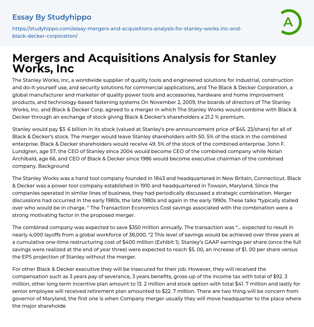 Mergers and Acquisitions Analysis for Stanley Works, Inc Essay Example