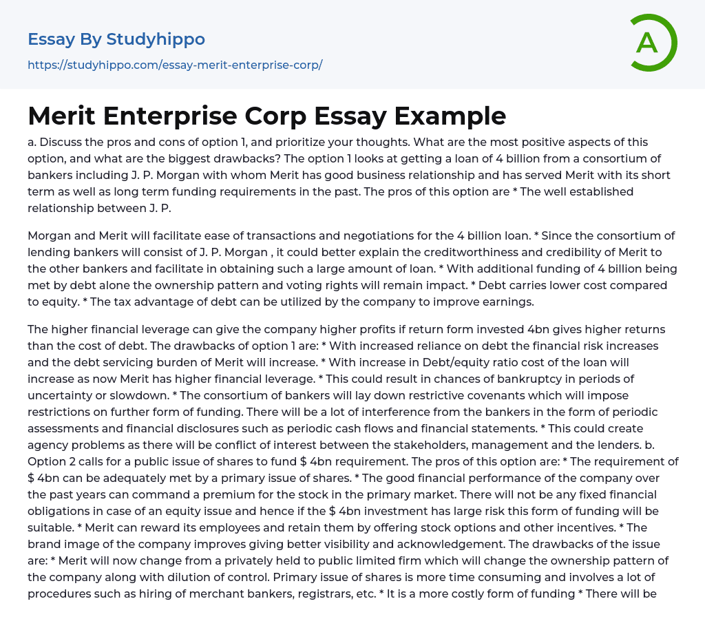 Merit Enterprise Corp Essay Example