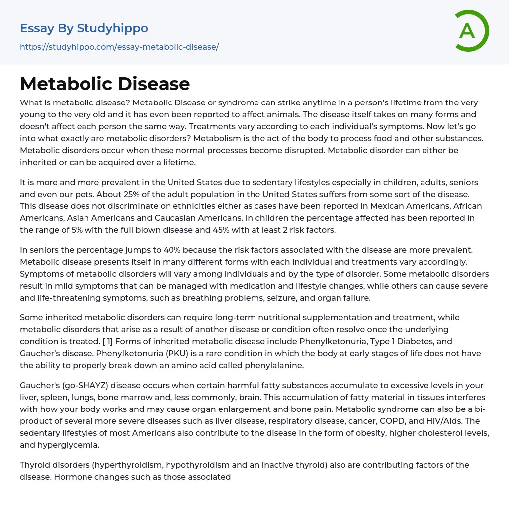 Metabolic Disease Essay Example
