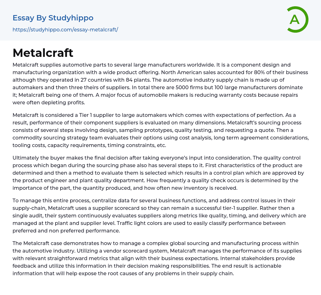 Metalcraft Essay Example