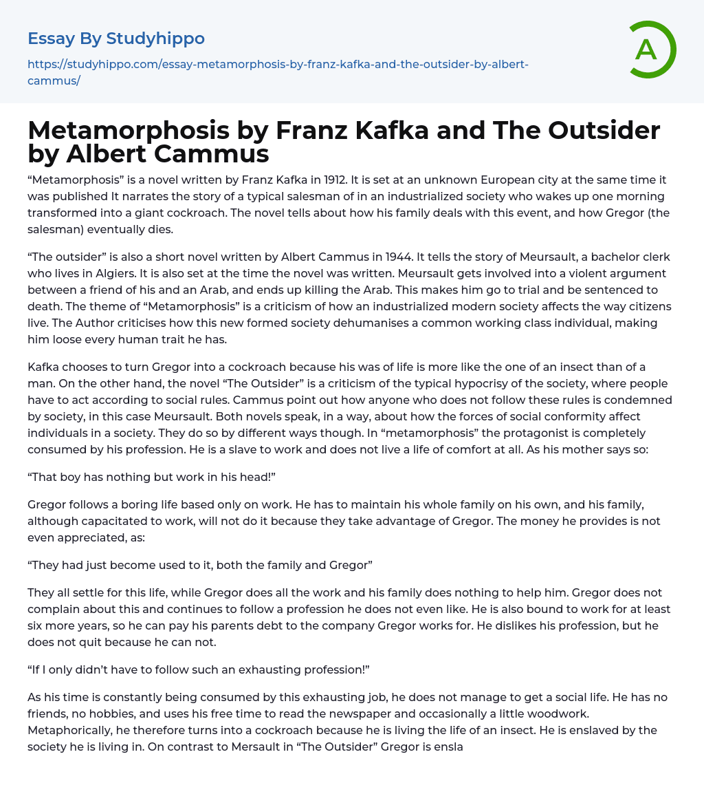 Metamorphosis by Franz Kafka and The Outsider by Albert Cammus Essay Example
