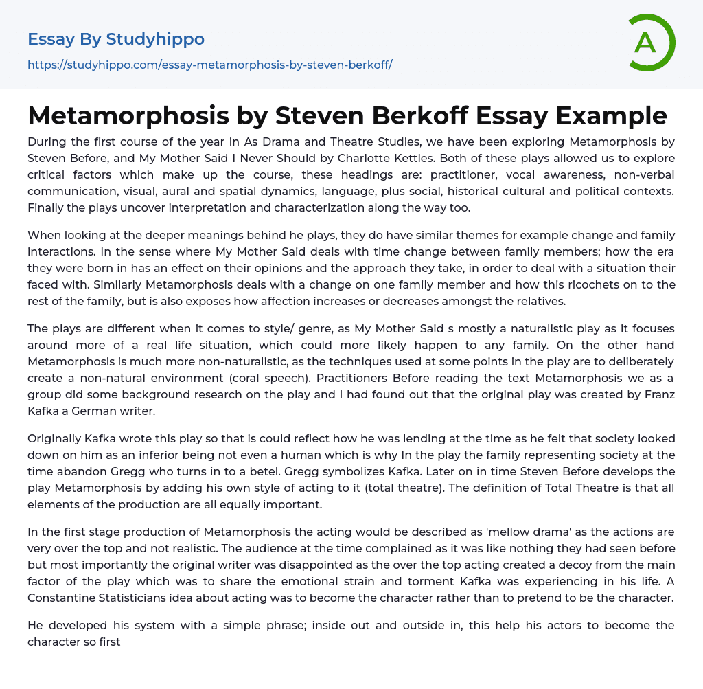 Metamorphosis by Steven Berkoff Essay Example
