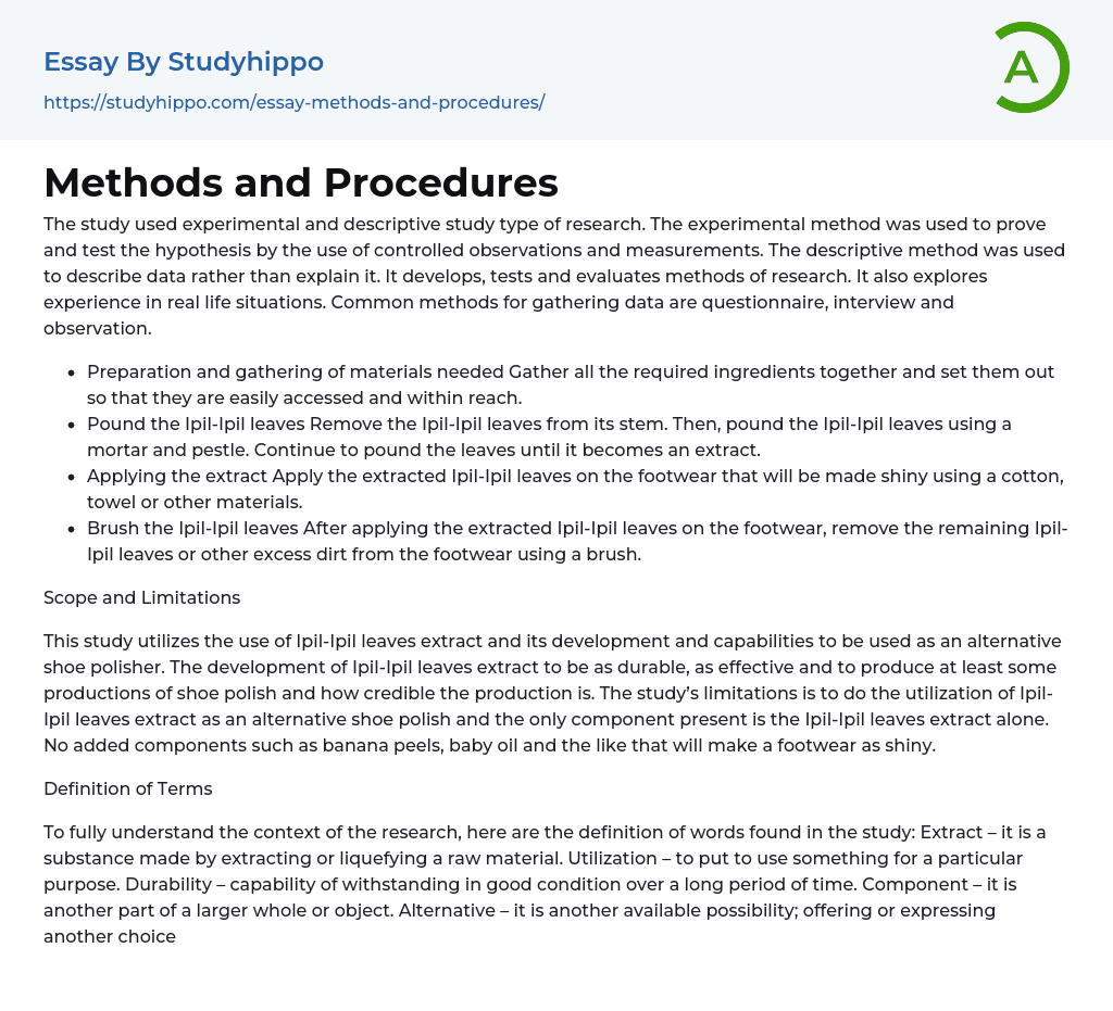 Methods and Procedures Essay Example