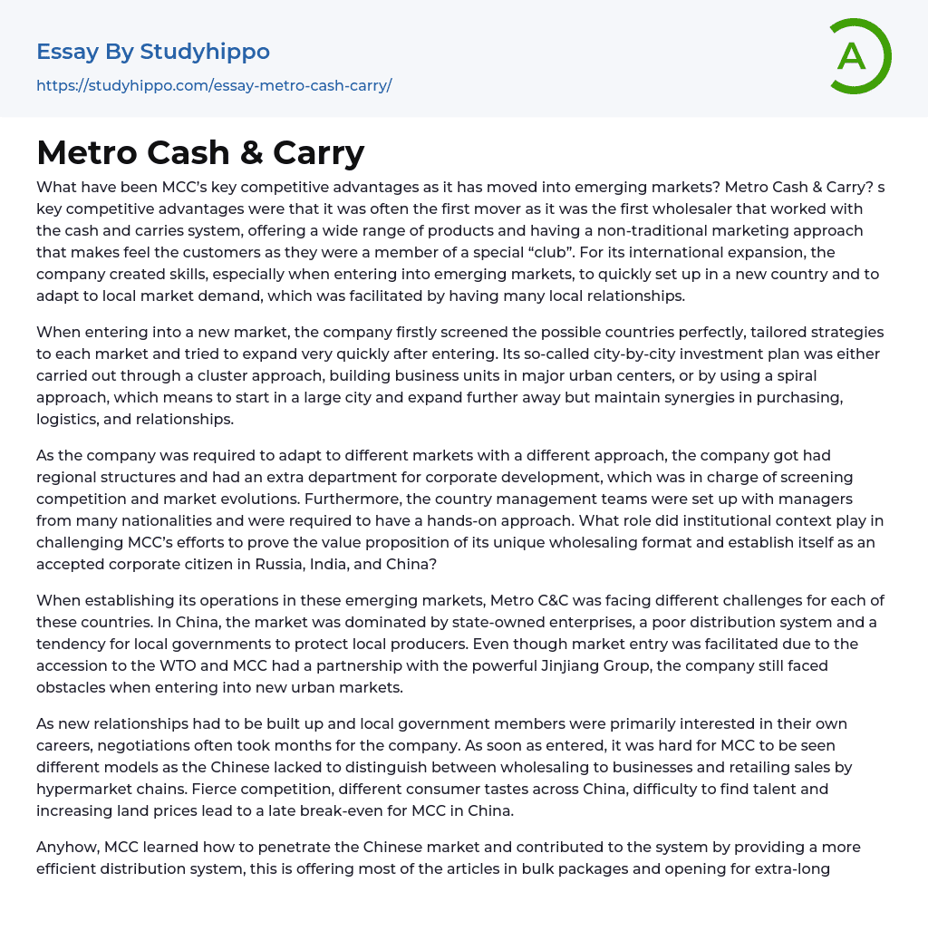 Metro Cash & Carry Essay Example