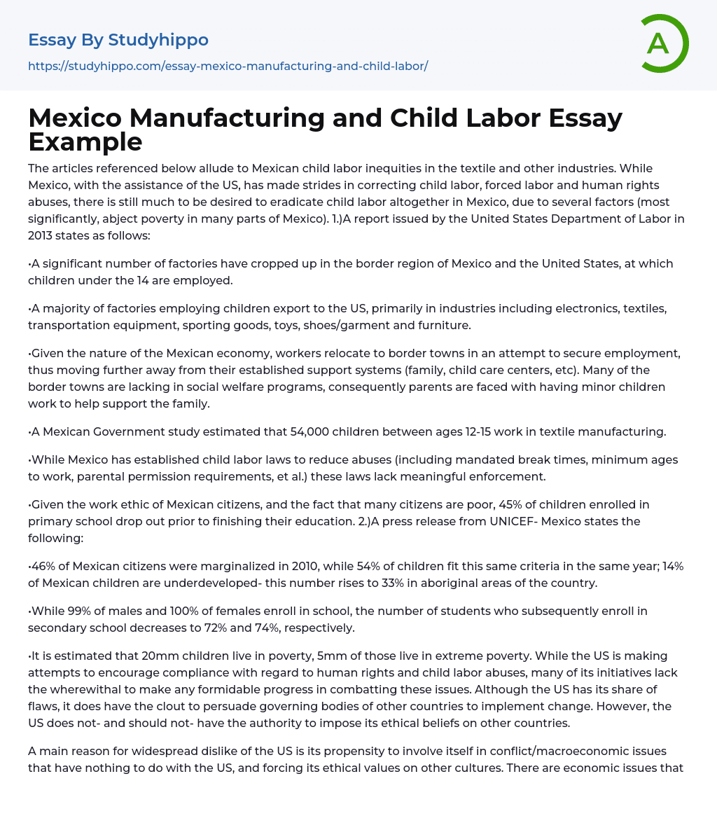 Mexico Manufacturing and Child Labor Essay Example