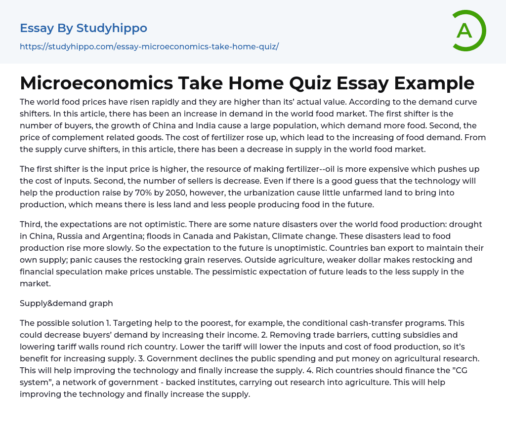 Microeconomics Take Home Quiz Essay Example