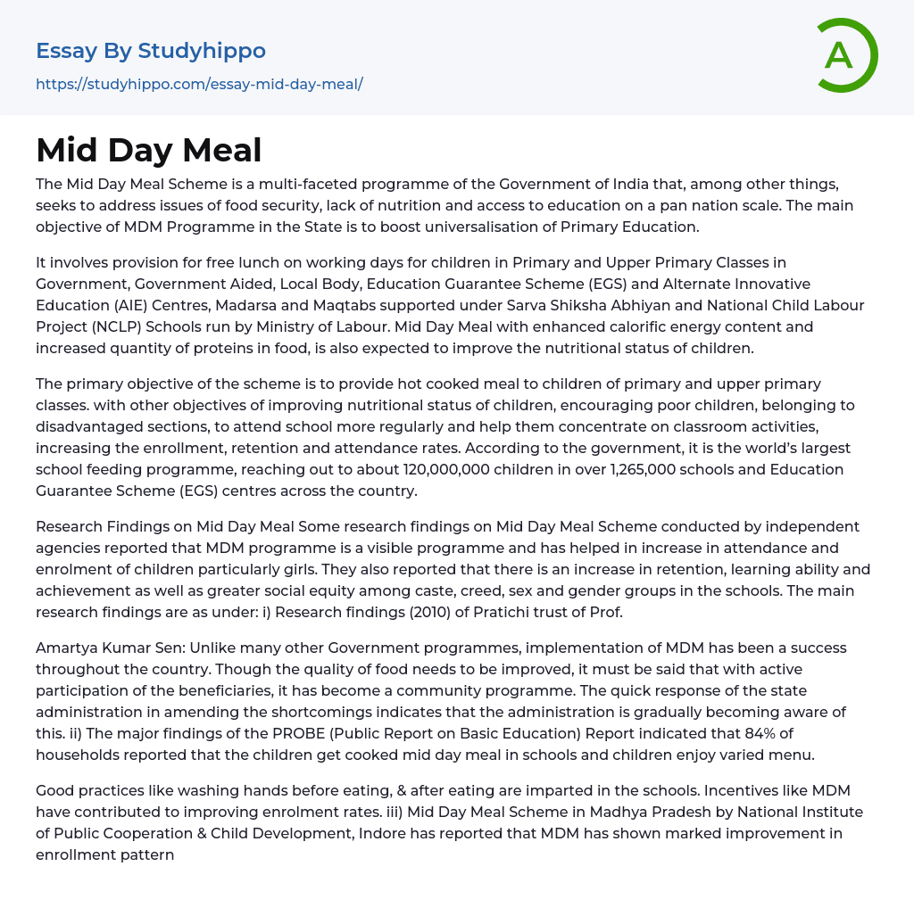 Mid Day Meal Essay Example
