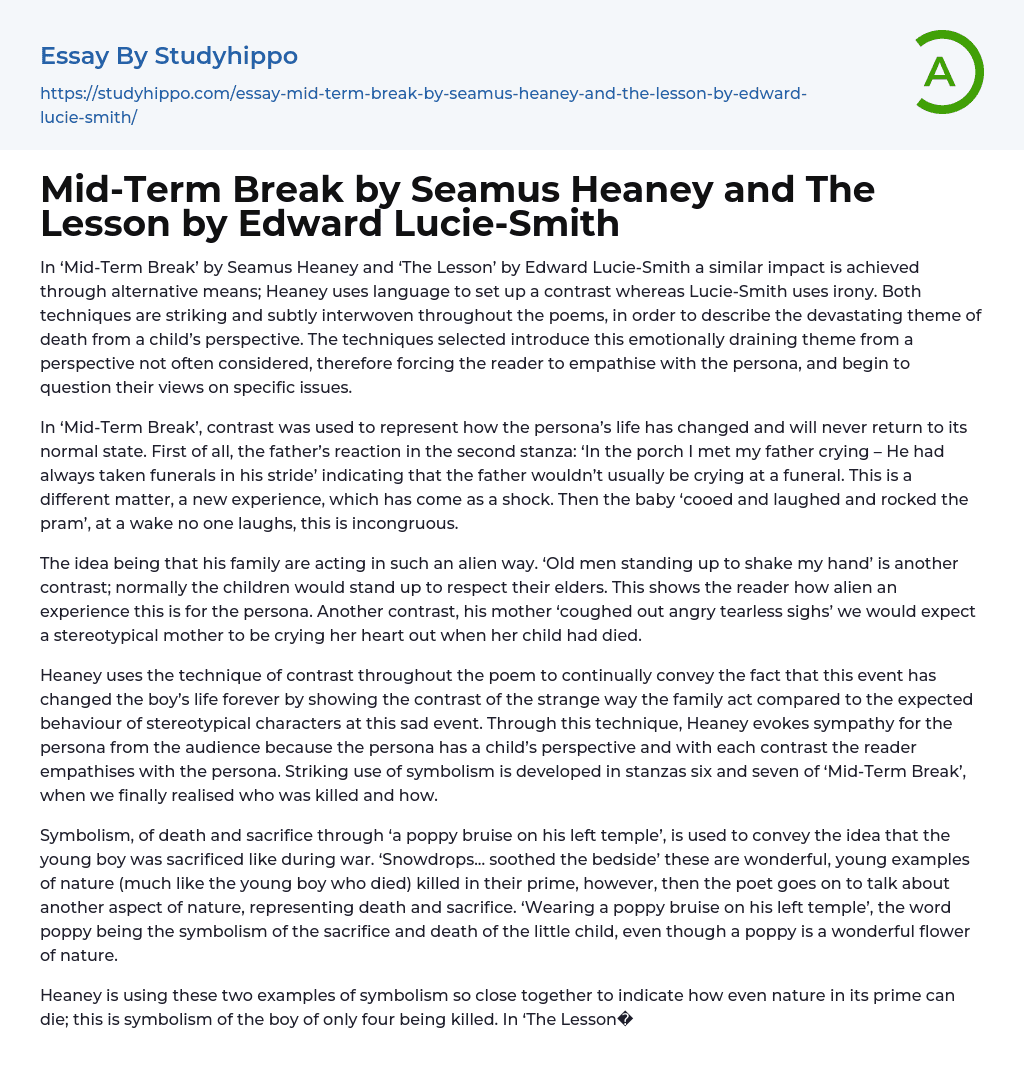 Mid-Term Break by Seamus Heaney and The Lesson by Edward Lucie-Smith Essay Example