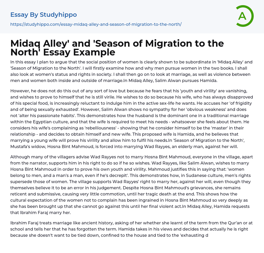 Midaq Alley’ and ‘Season of Migration to the North’ Essay Example