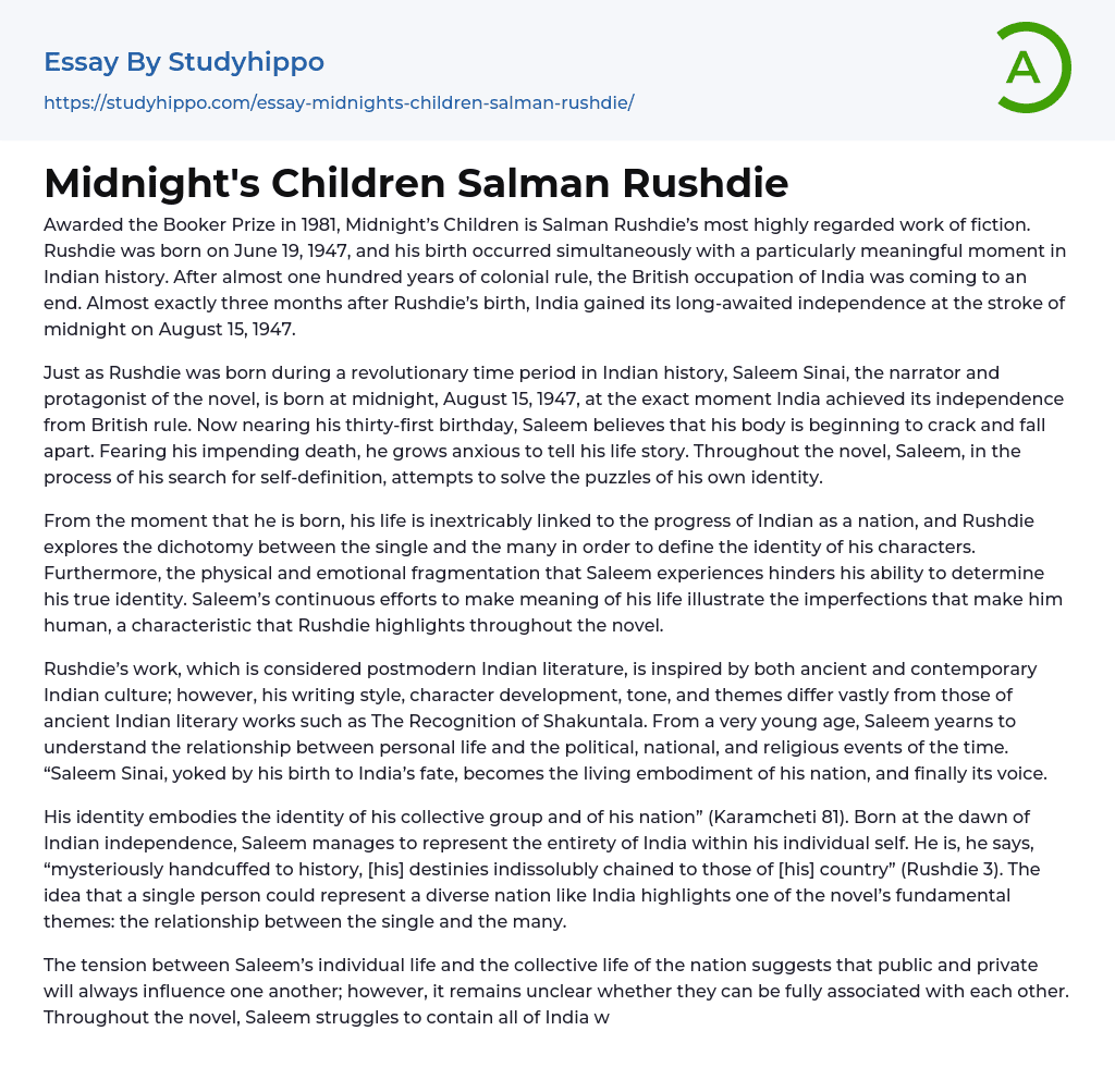 Midnight’s Children Salman Rushdie Essay Example