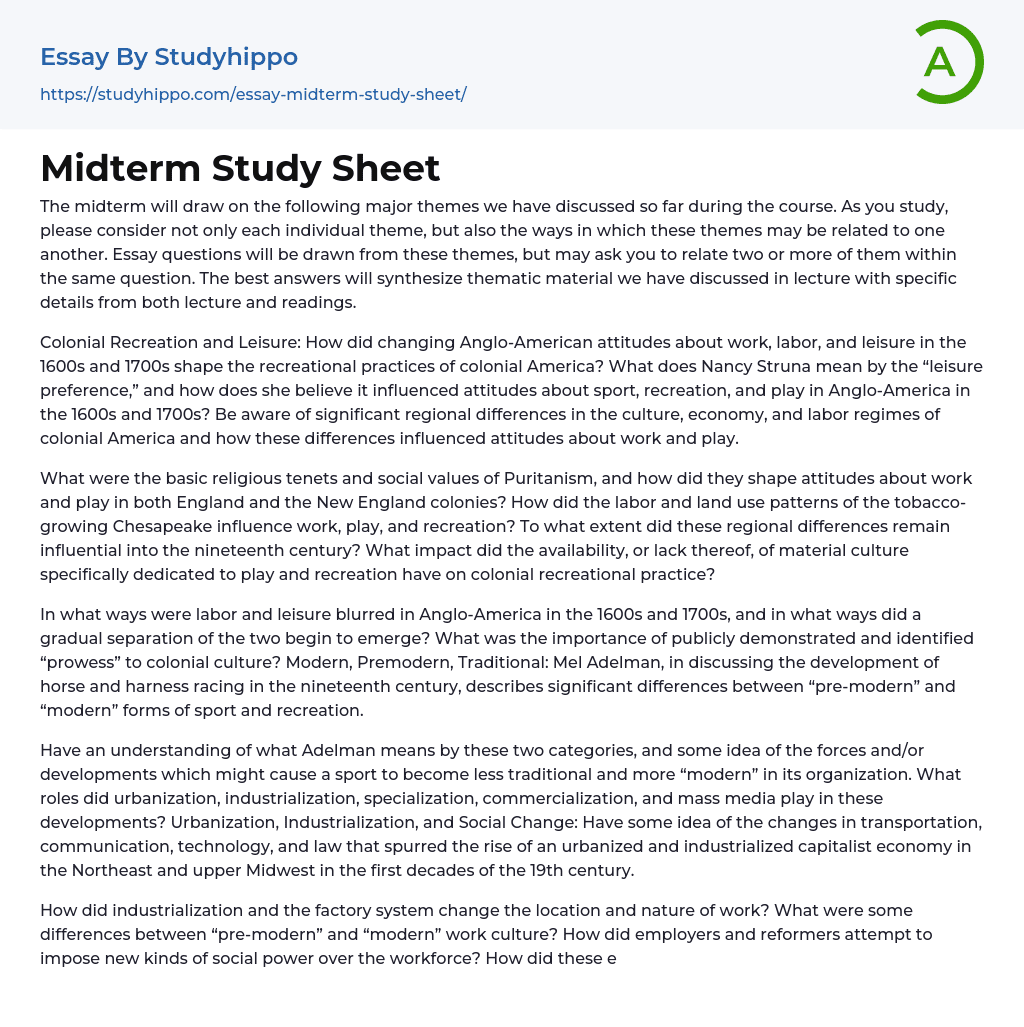 Midterm Study Sheet Essay Example