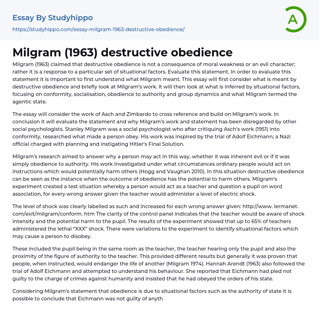Milgram (1963) destructive obedience Essay Example
