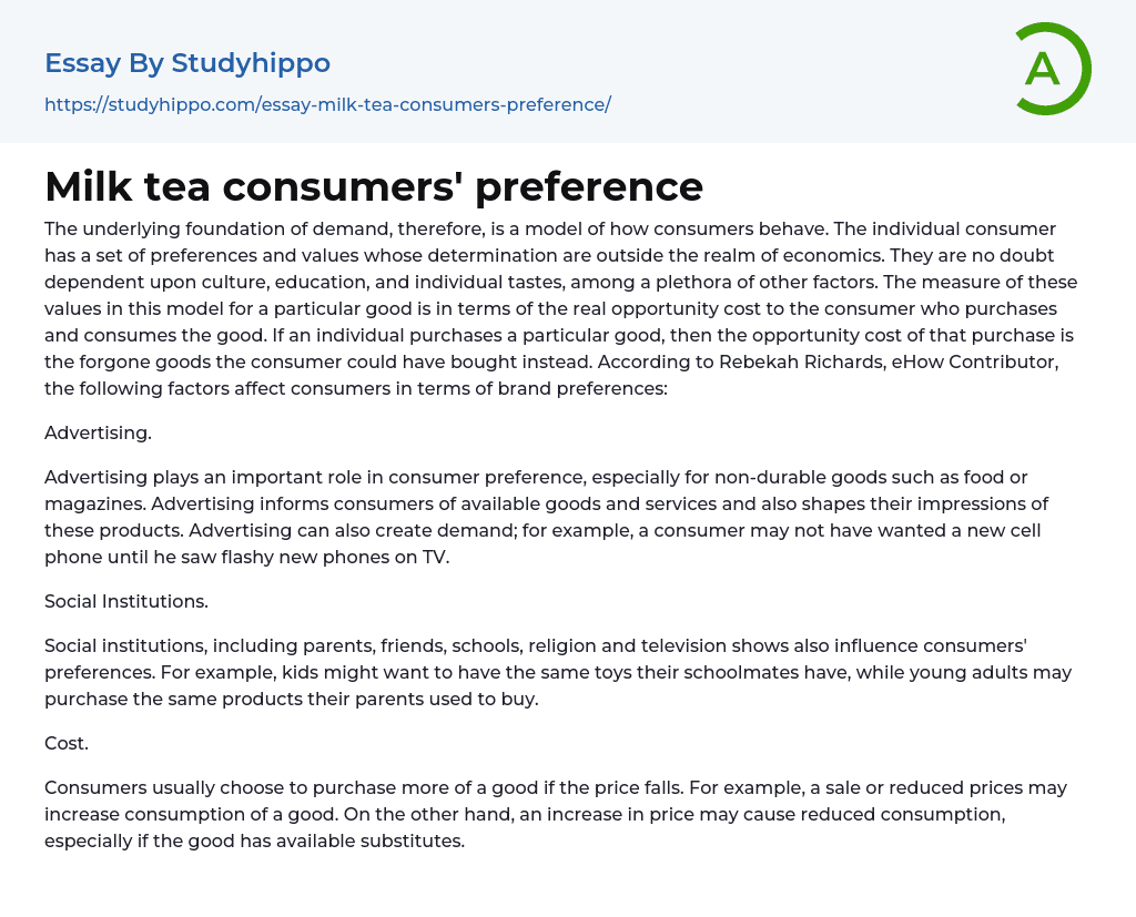 Milk tea consumers’ preference Essay Example