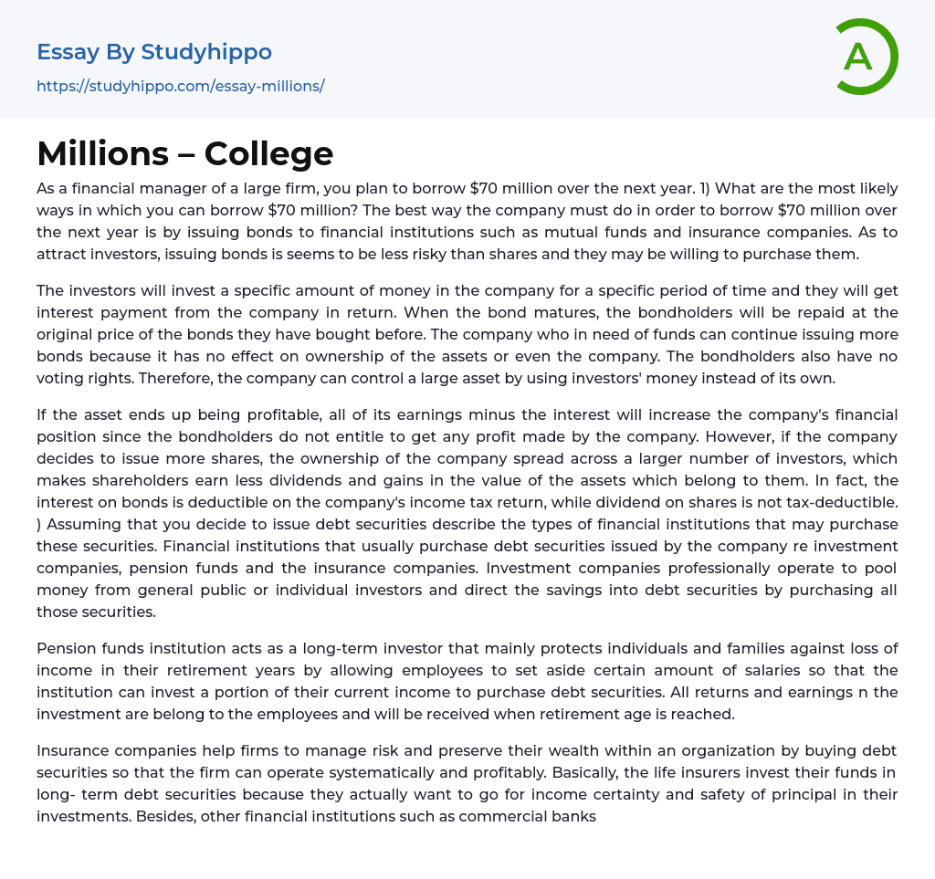 Millions – College Essay Example
