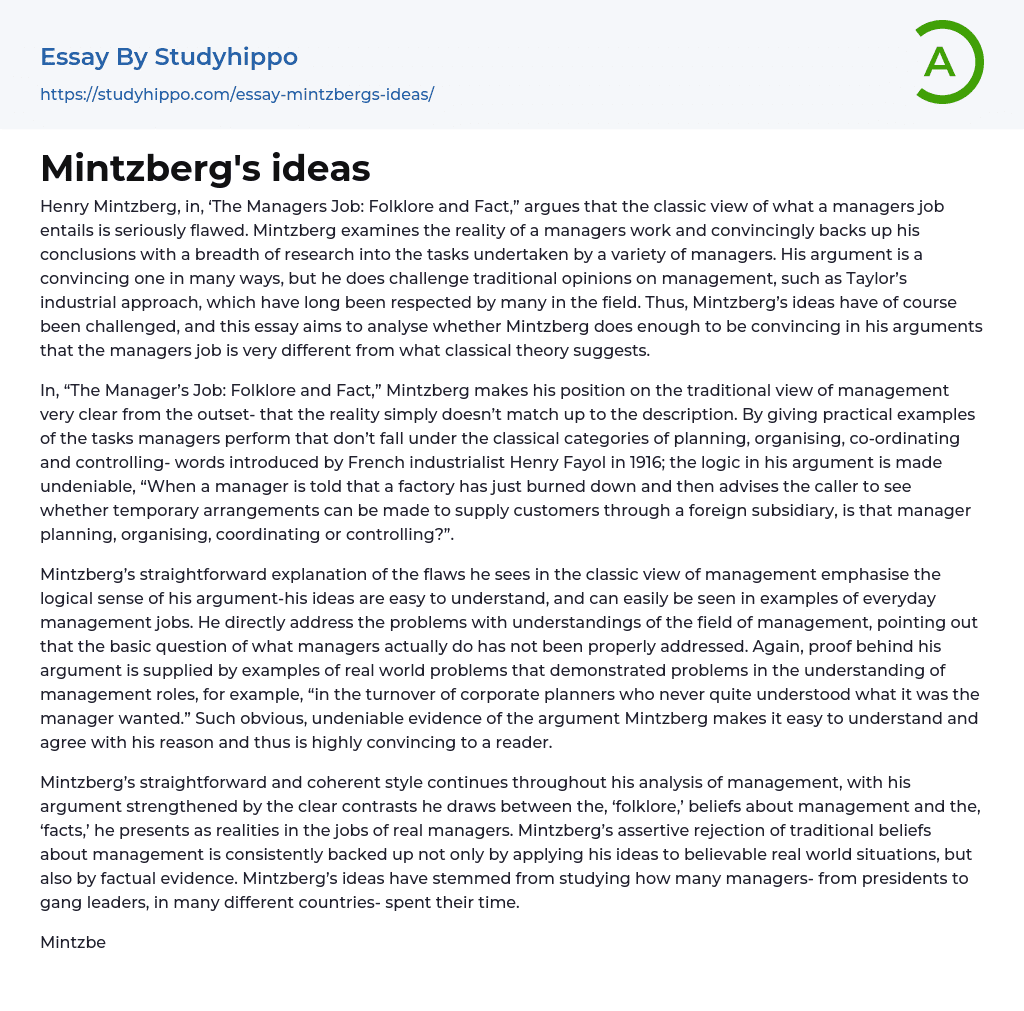 Mintzberg’s ideas Essay Example