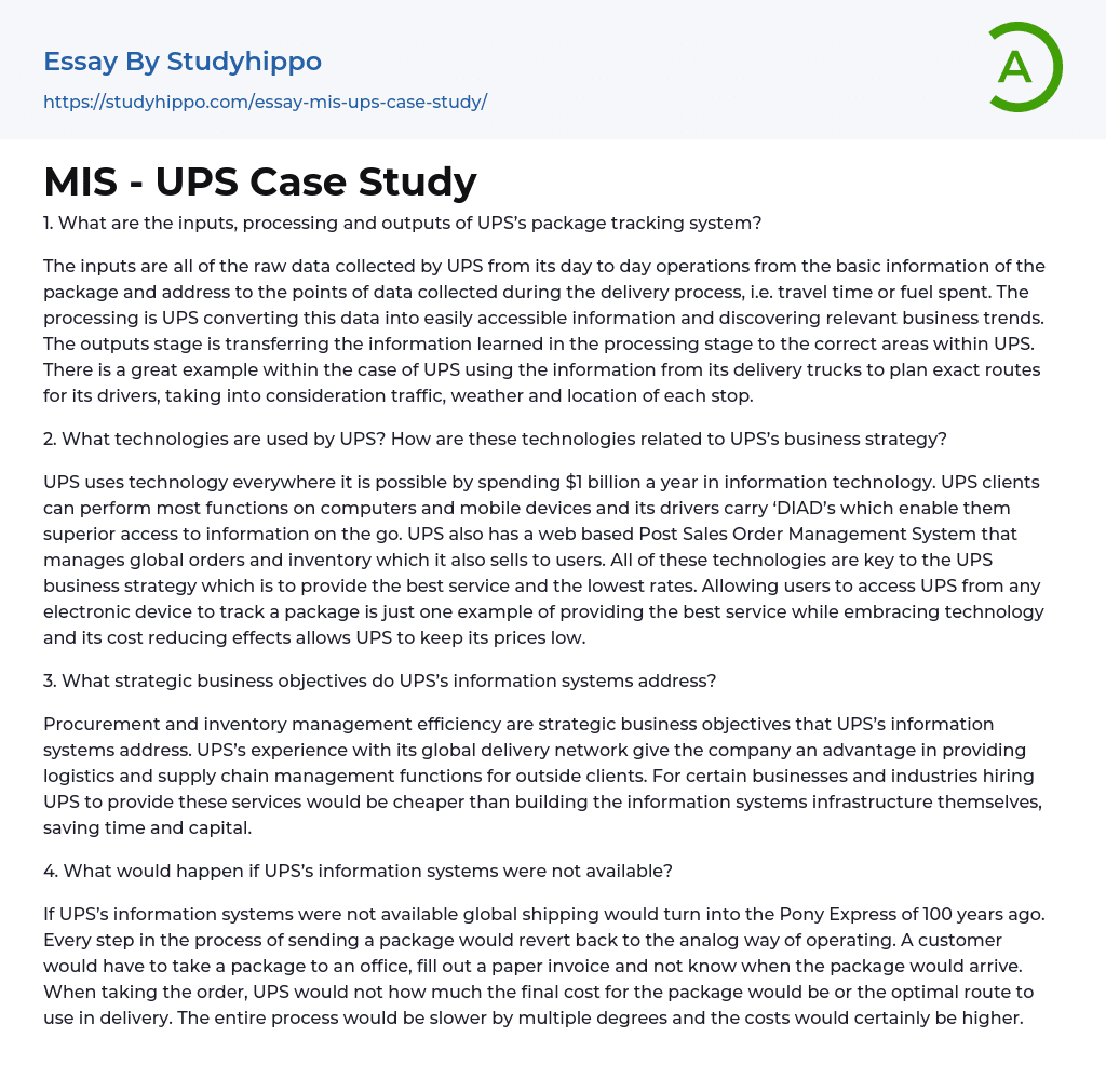 MIS – UPS Case Study Essay Example