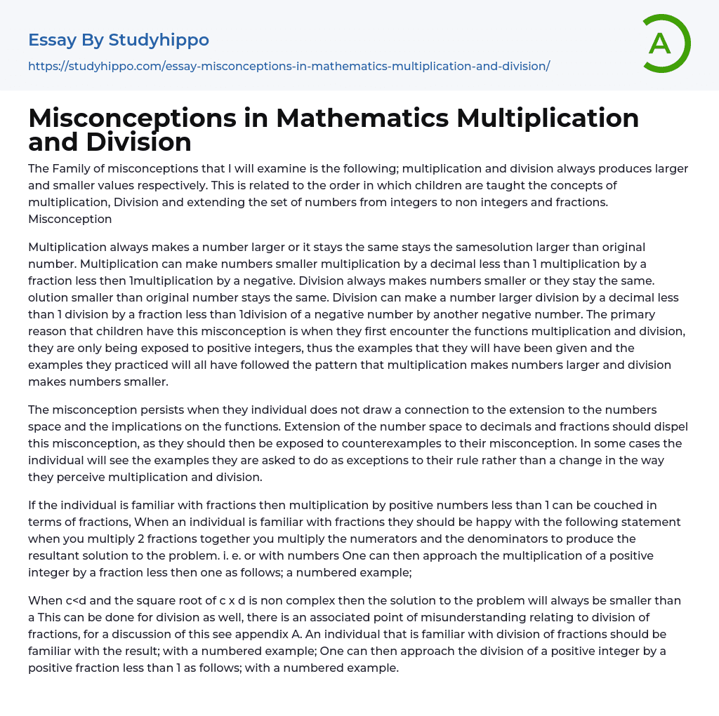 Misconceptions in Mathematics Multiplication and Division Essay Example