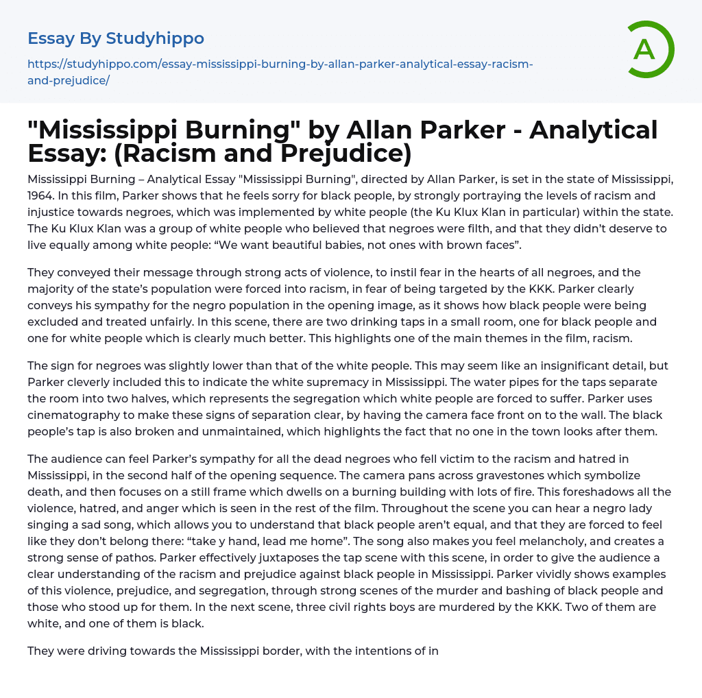 “Mississippi Burning” by Allan Parker – Analytical Essay: (Racism and Prejudice)