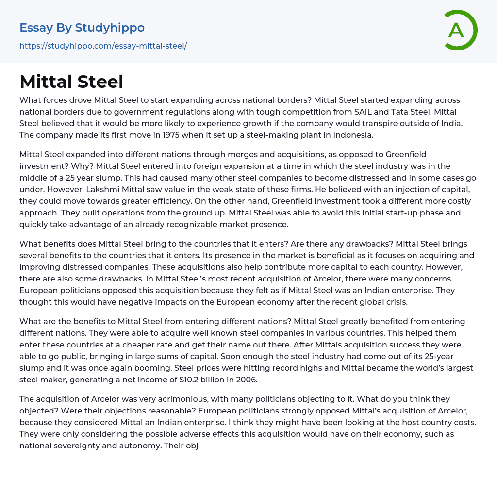Mittal Steel Essay Example