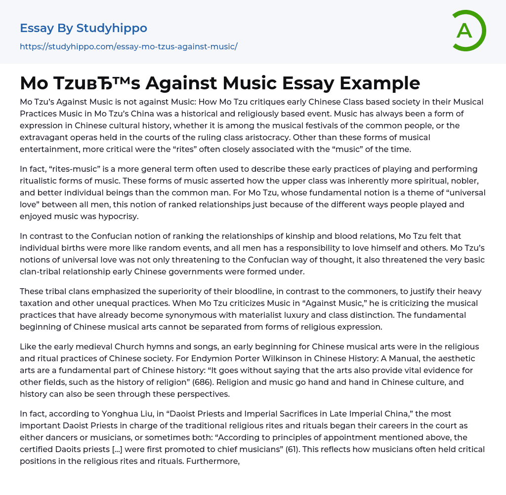 Mo Tzu’s Against Music Essay Example