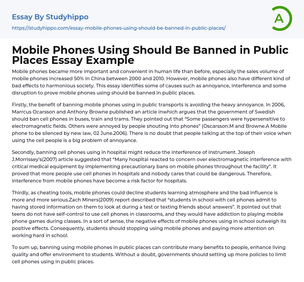 Mobile Phones Using Should Be Banned in Public Places Essay Example