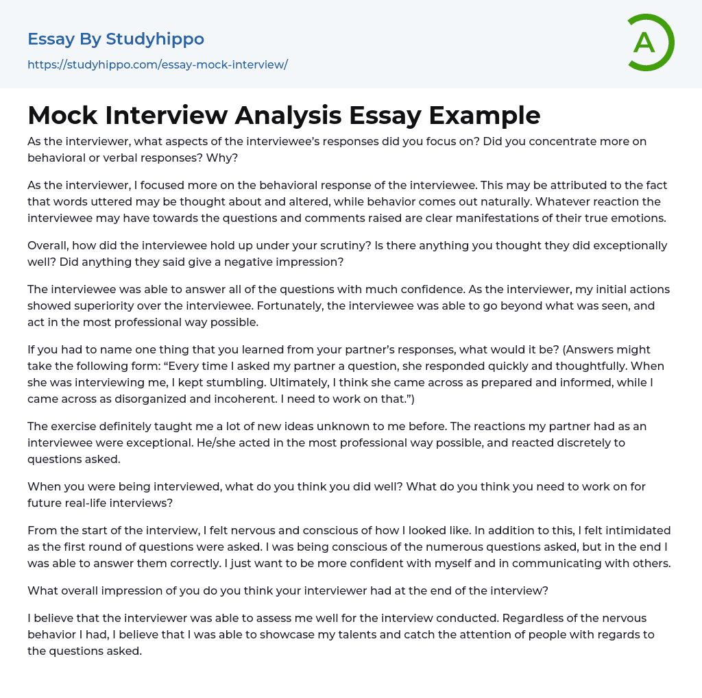 Mock Interview Analysis Essay Example