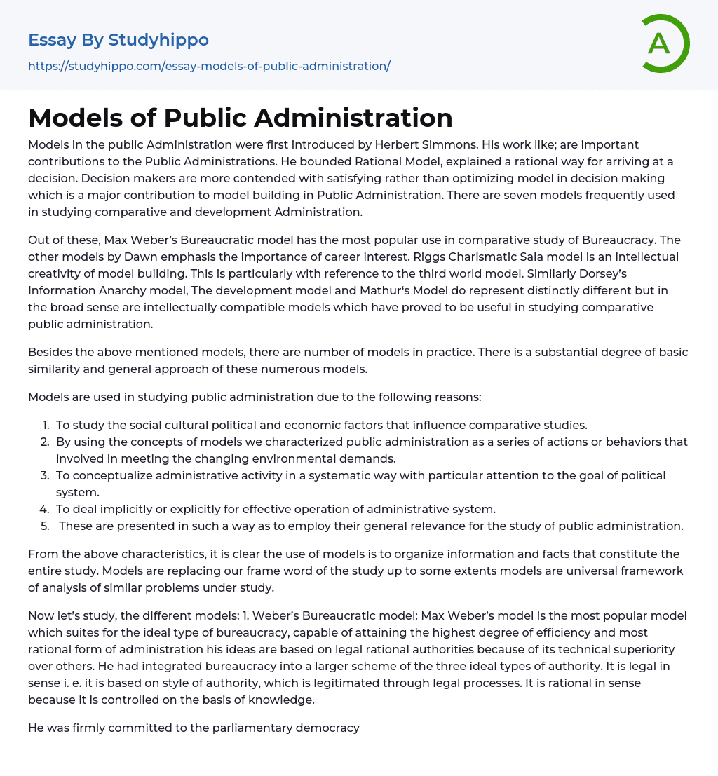 Models of Public Administration Essay Example