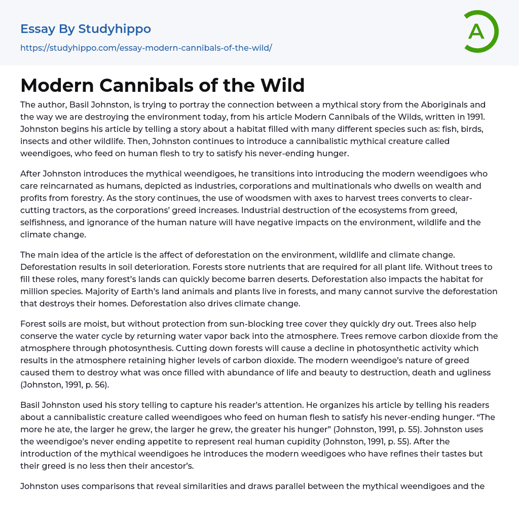 Modern Cannibals of the Wild Essay Example