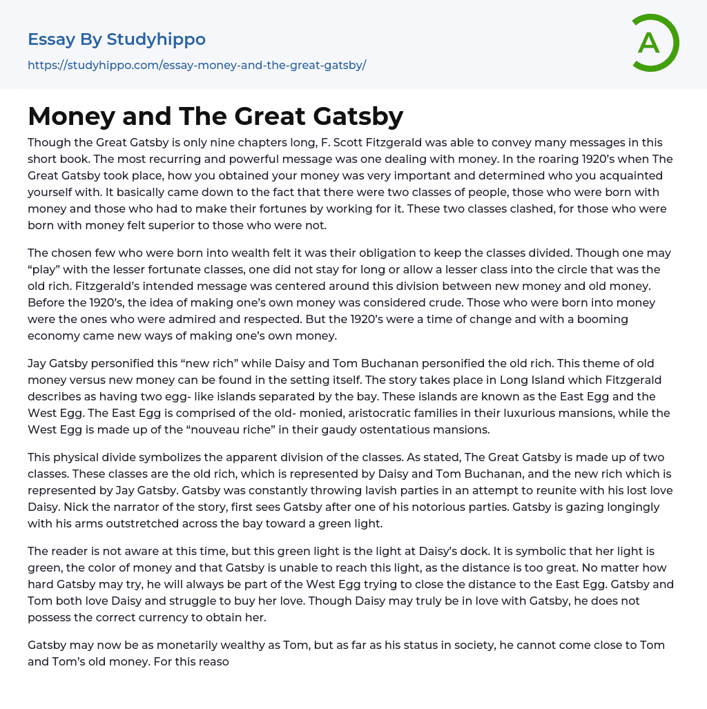 Money and The Great Gatsby Essay Example