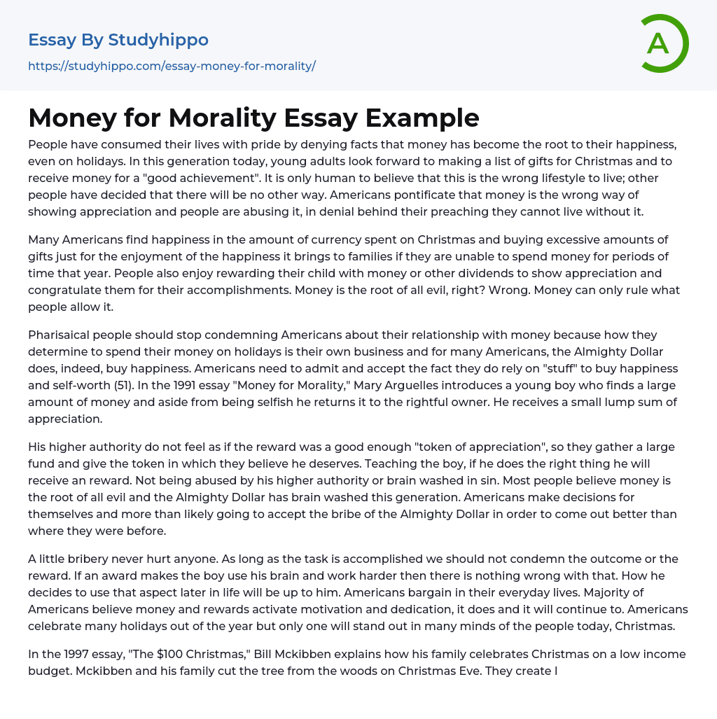 Money for Morality Essay Example