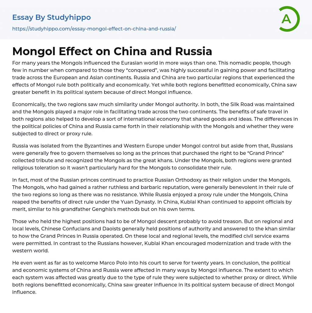 Mongol Effect on China and Russia Essay Example