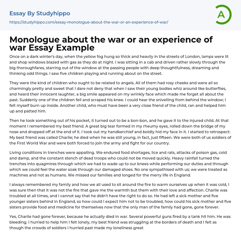 Monologue about the war or an experience of war Essay Example