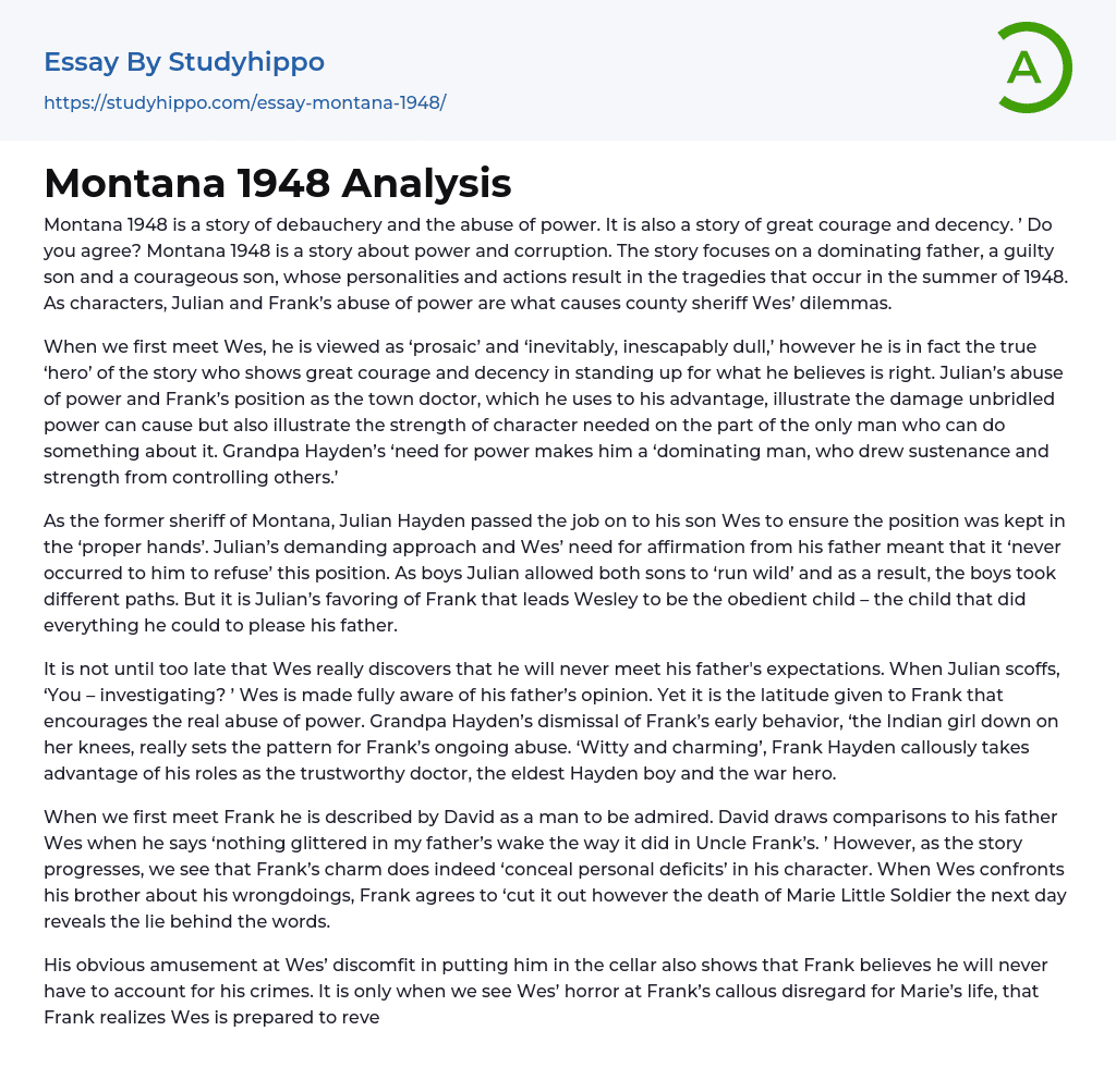 Montana 1948 Analysis Essay Example
