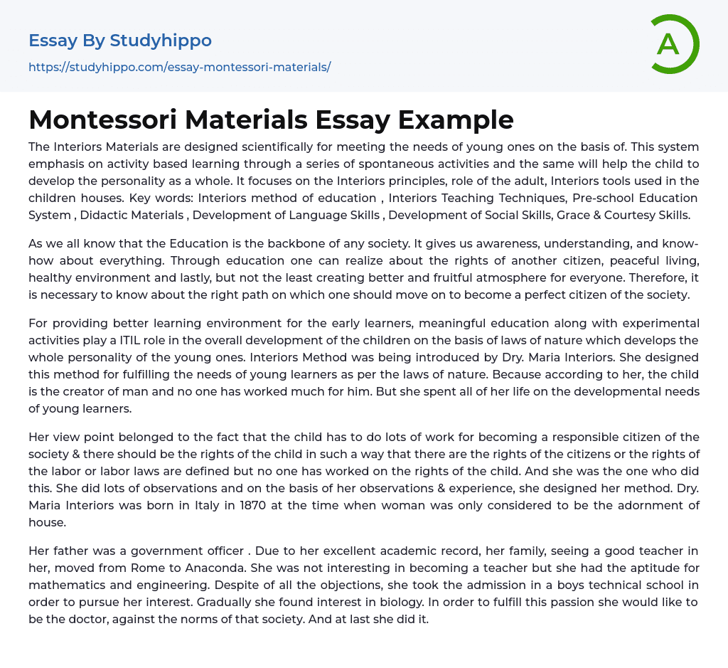 Montessori Materials Essay Example