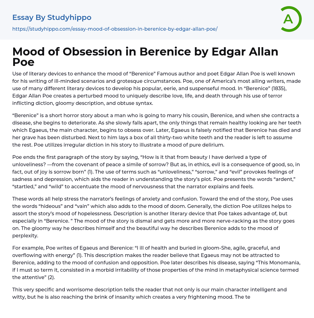 Mood of Obsession in Berenice by Edgar Allan Poe Essay Example