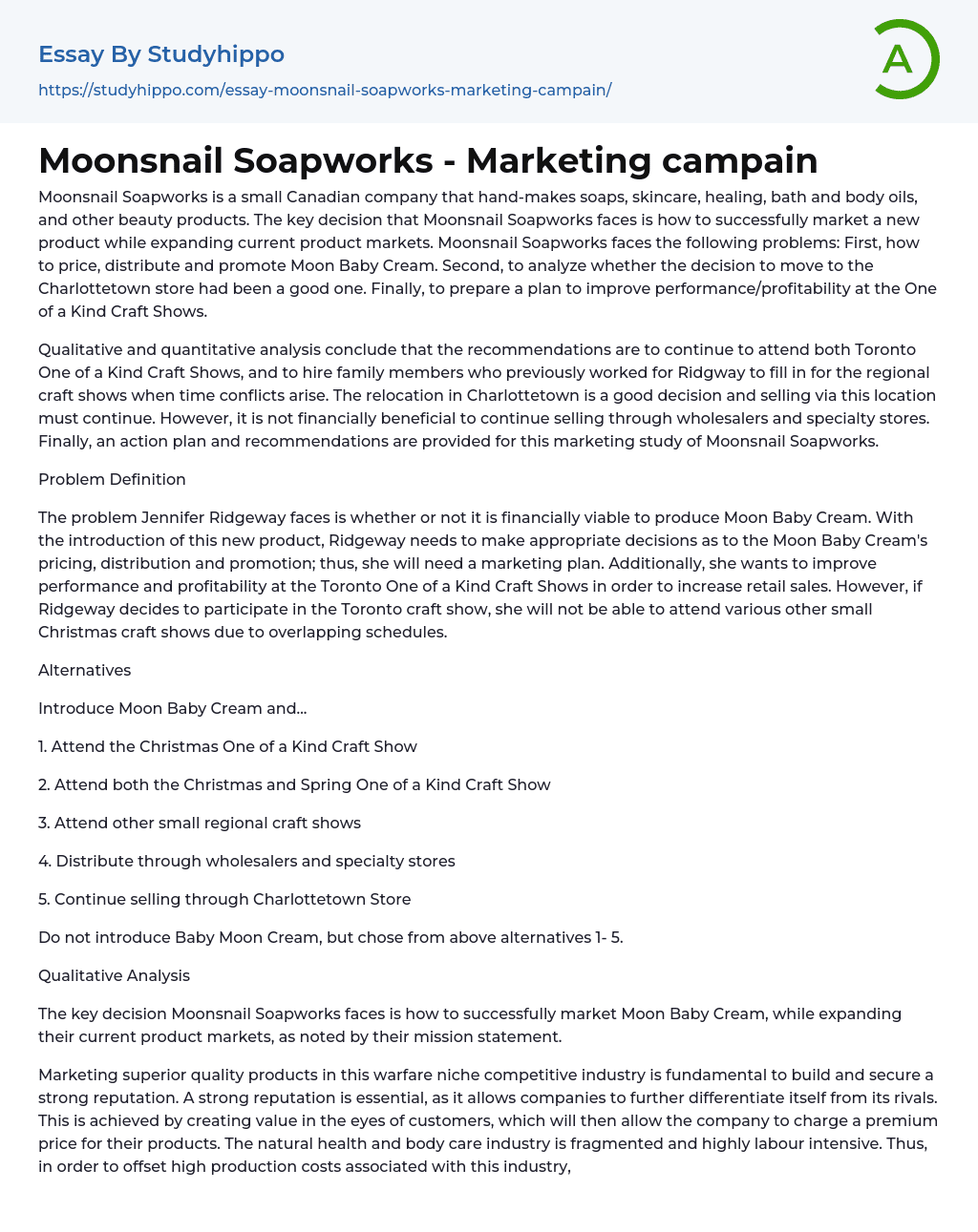 Moonsnail Soapworks – Marketing campain Essay Example