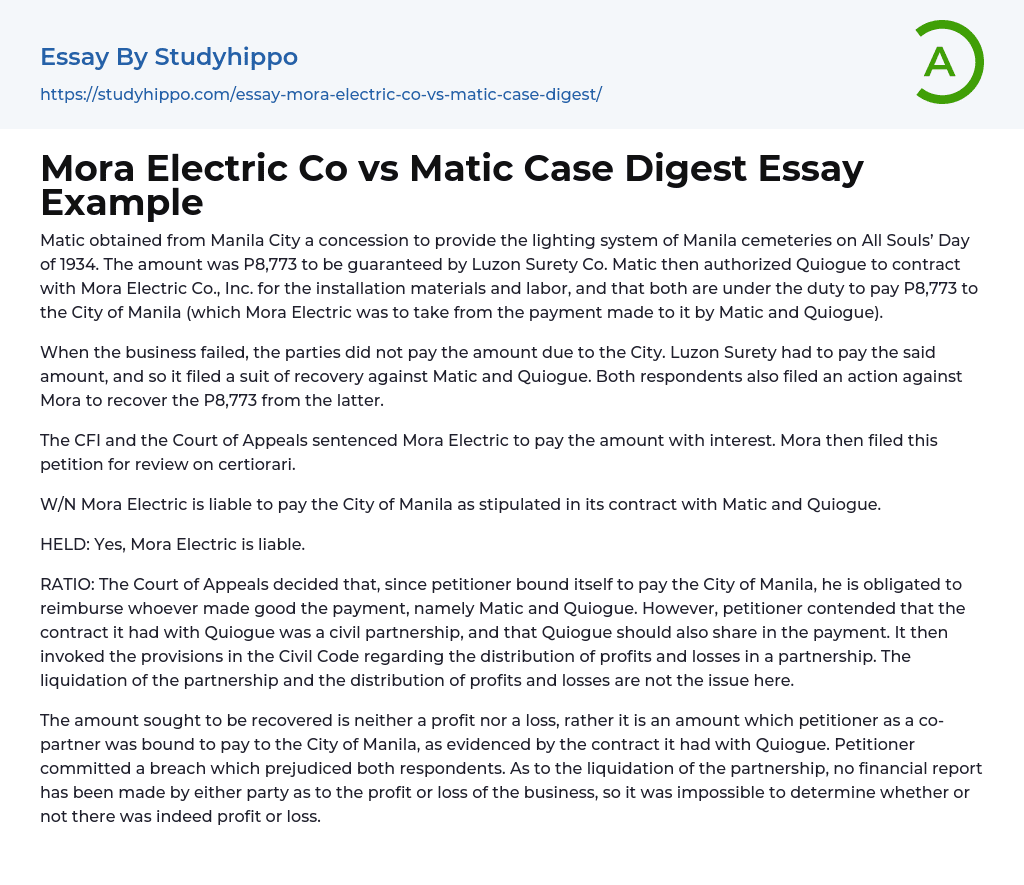 Mora Electric Co vs Matic Case Digest Essay Example
