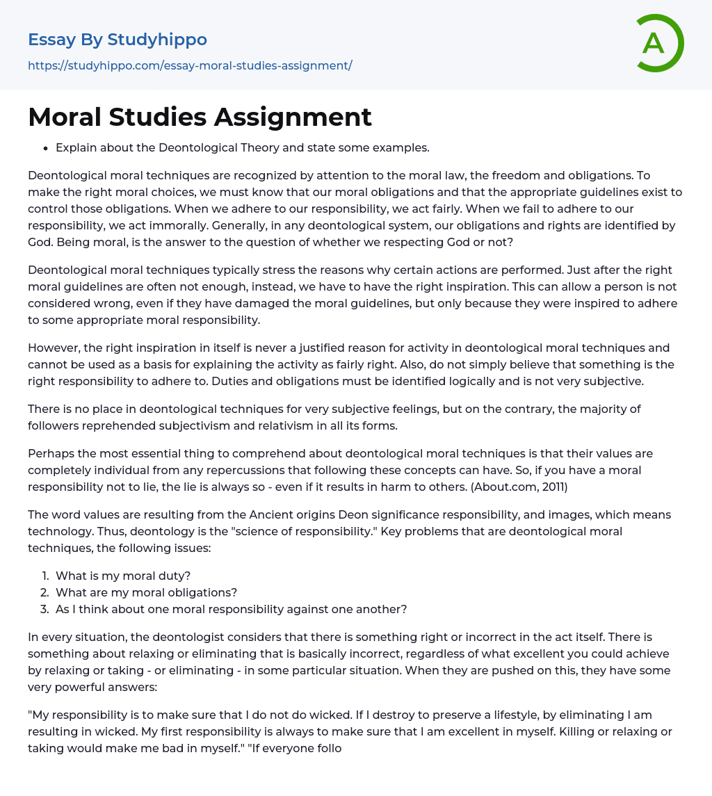 Moral Studies Assignment Essay Example