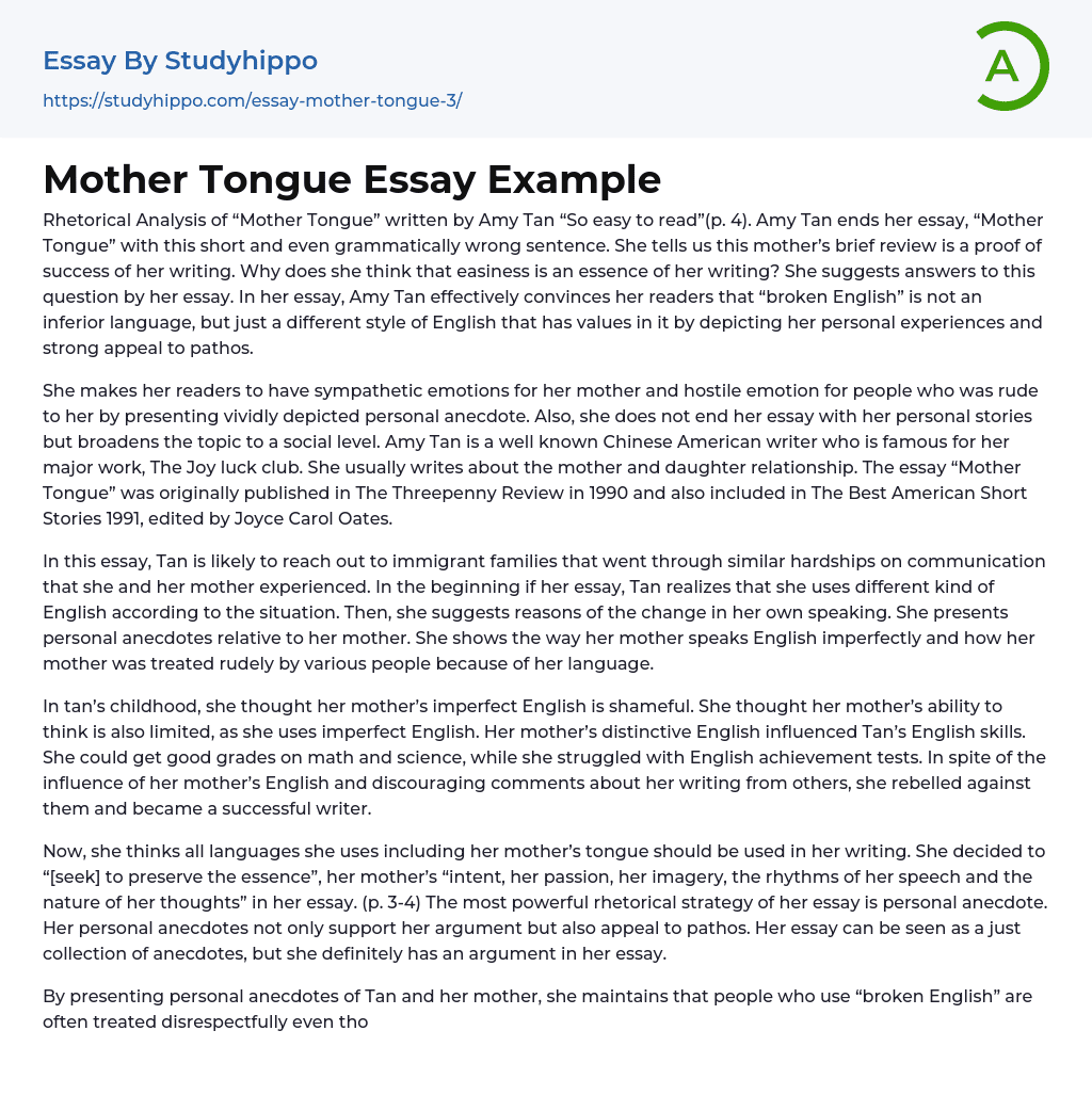 Mother Tongue Essay Example