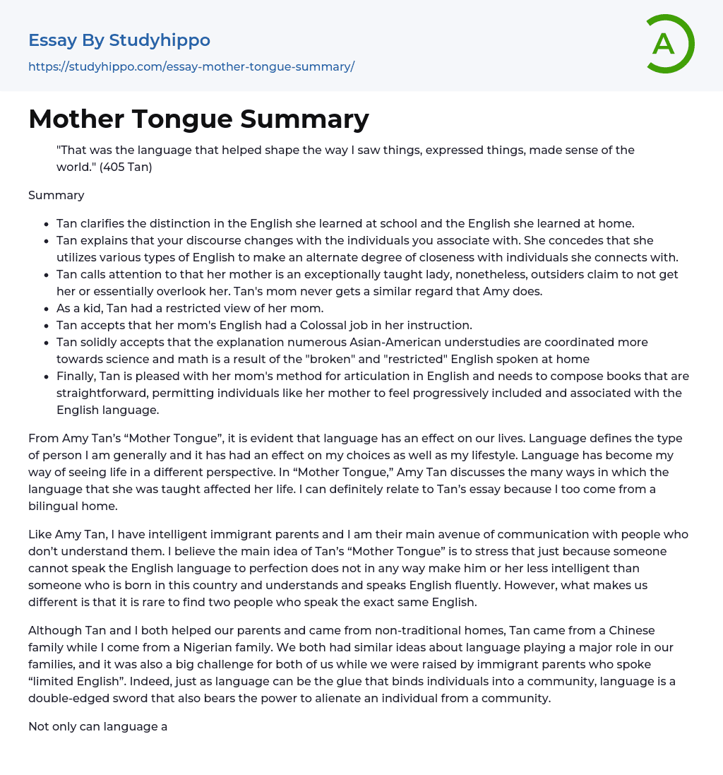 Mother Tongue Summary Essay Example