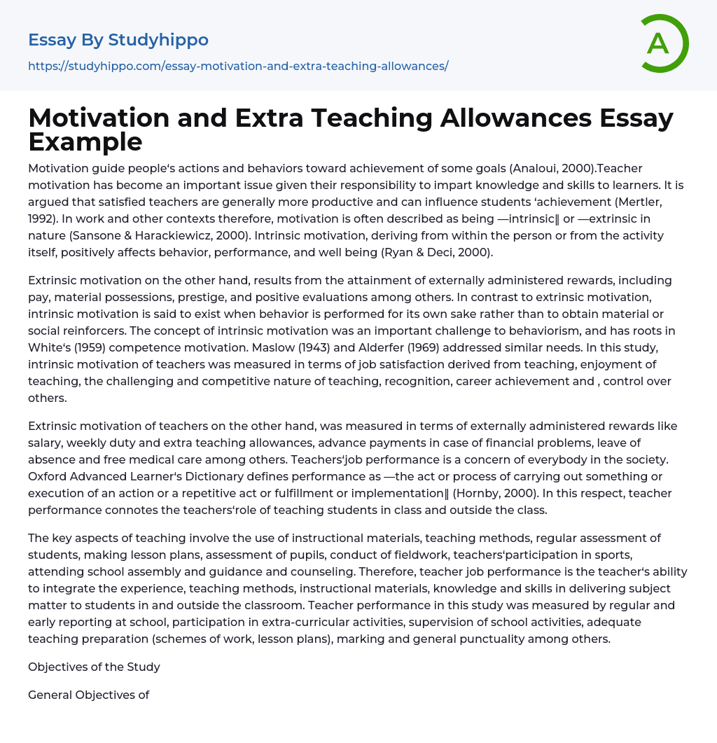 Motivation and Extra Teaching Allowances Essay Example