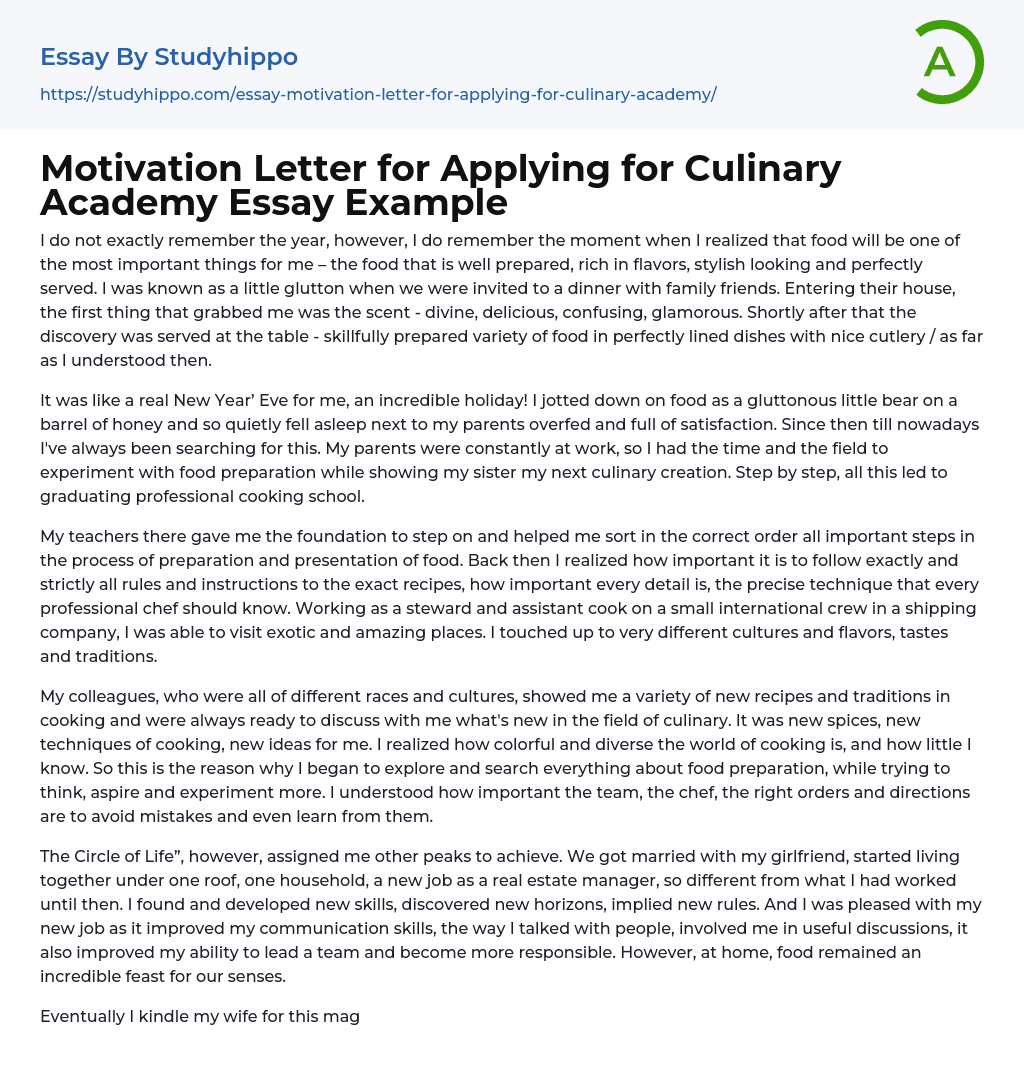 Motivation Letter for Applying for Culinary Academy Essay Example