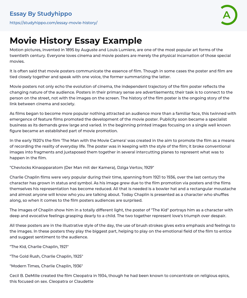Movie History Essay Example