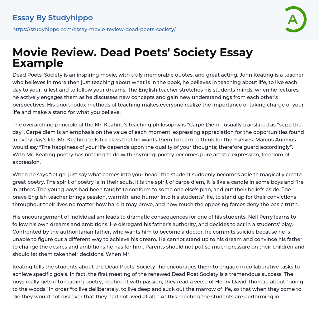 Movie Review. Dead Poets’ Society Essay Example