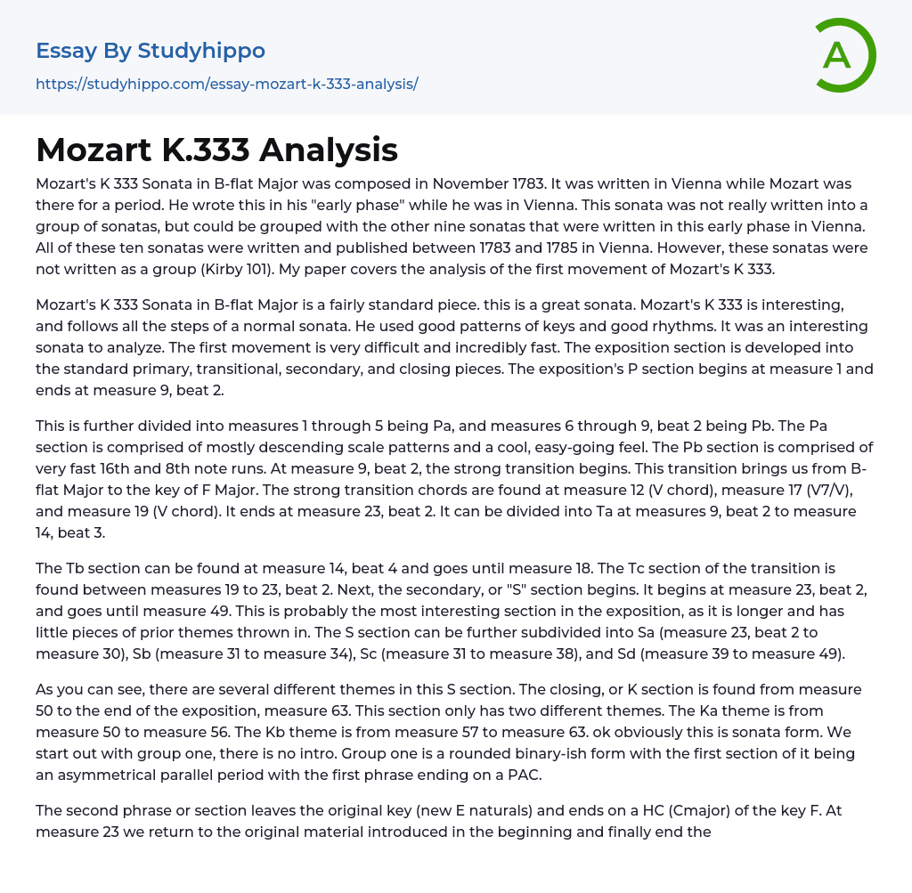 Analysis Mozart’s K 333 Sonata Essay Example