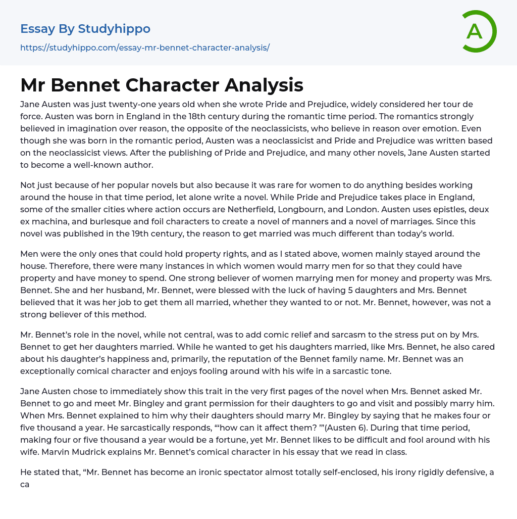 Mr Bennet Character Analysis Essay Example