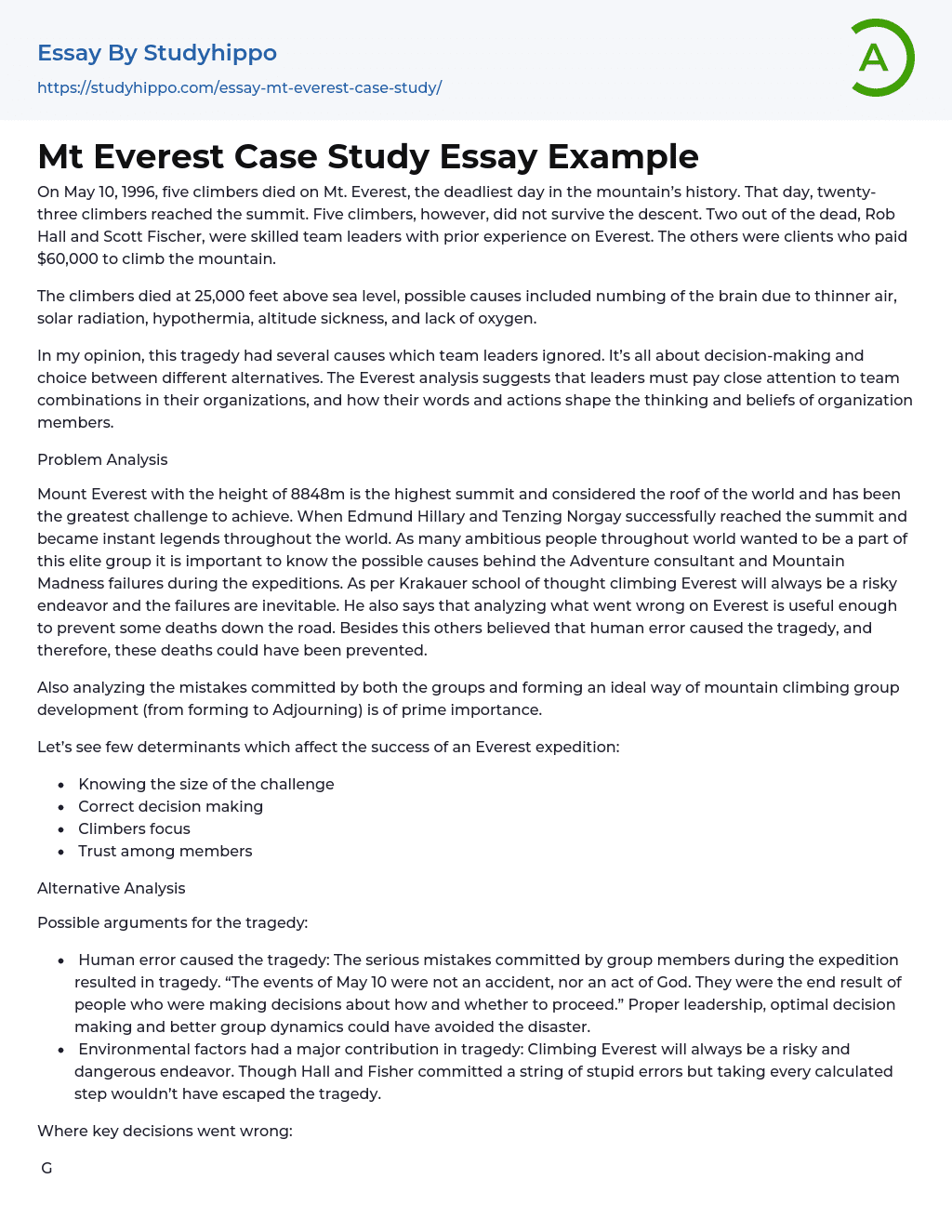 Mt Everest Case Study Essay Example