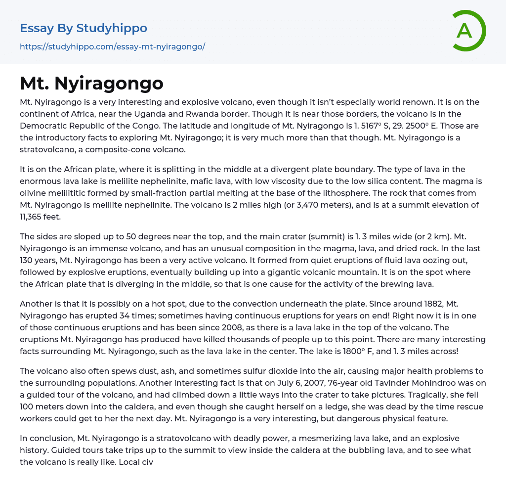 Mt. Nyiragongo Essay Example