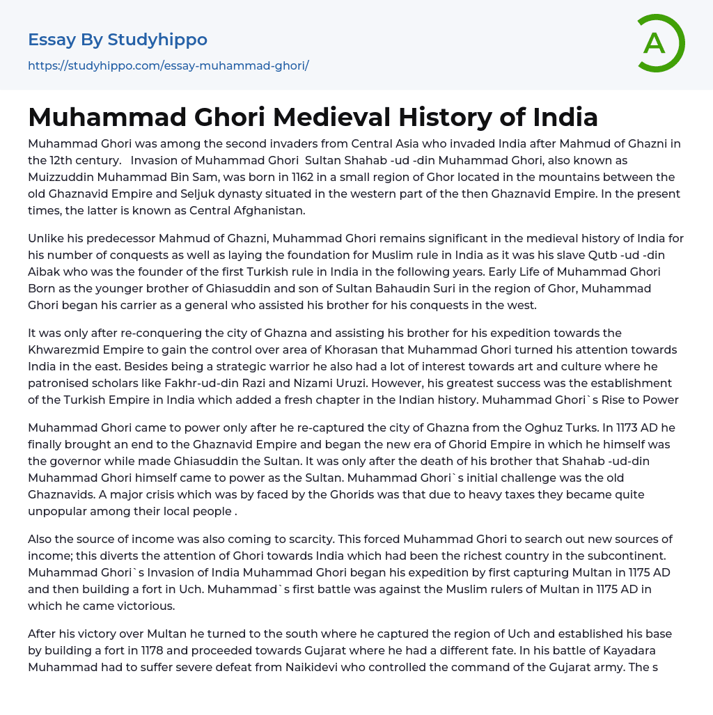 Muhammad Ghori Medieval History of India Essay Example